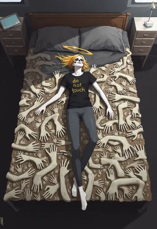Woman with skull makeup sleeping on a surreal bed made of numerous unique human hands, wearing a black shirt with 'do not touch' text and gray pants in a dimly lit room.