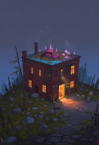Illustration of a gelatinous cube glowing with a reality-bending aura on the roof of a small abandoned building on a rocky hill, surrounded by trees, in a post-apocalyptic mythical mountain setting during midnight with vintage colors and warm volumetric lighting.