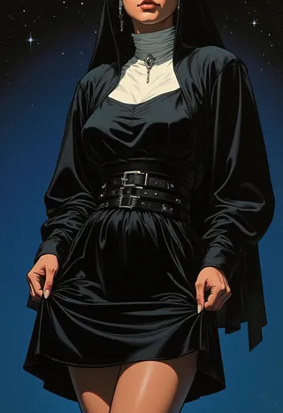 Close-up illustration of a nun wearing a tight black dress with several belts around the torso, holding the hem of her short skirt against a dark starry background, illuminated with dramatic lighting.