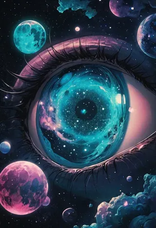 A hyperrealistic anime-style eye with a swirling bioluminescent galaxy in the iris, surrounded by colorful planets and cosmic clouds.