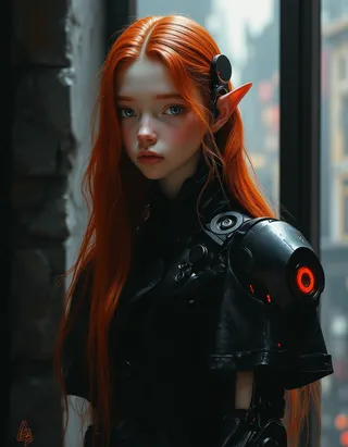 Close-up hyper-realistic portrait of a pale-skinned elven princess robot with vibrant red hair, blue eyes, mechanical arms with neon accents, wearing a sleek black dress and a glowing crown, standing in front of a cyberpunk city window.