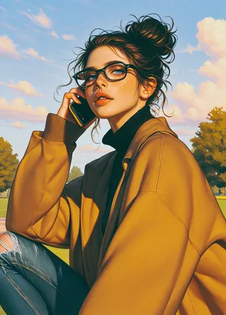 Realistic portrait of a young woman with brown hair in a loose bun, wearing thick framed glasses and a brown jacket over a black turtleneck, holding a phone to her ear, sitting outdoors in a park under a blue morning sky with scattered clouds.