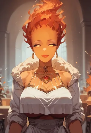 A radiant angelic woman with bright orange-red fire-like hair, white glowing eyes, wearing a shiny metallic breast curtain dress, smiling seductively in a softly lit grand hall.