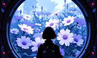 Person with short dark hair and backpack stands facing a large circular window filled with oversized white and purple flowers glowing in a dreamy blue and purple light.