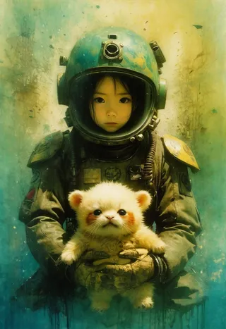 A child in a weathered, greenish-blue space helmet and suit holds a fluffy white animal with round eyes and blushing cheeks against a textured green and yellow background.