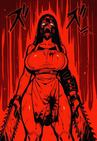 2D flat color illustration of a curvy woman wearing a grotesque Leatherface mask and blood-stained apron, holding chainsaws against a dark red background.