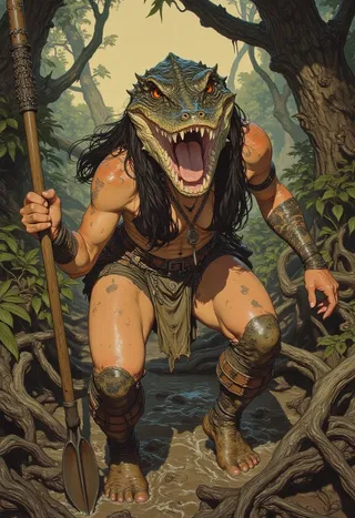 A muscular jungle woman crouching in an overgrown forest, wearing a full crocodile head as a mask with jaws open, holding a carved tribal spear, detailed with scars, dirt, and jungle paint.