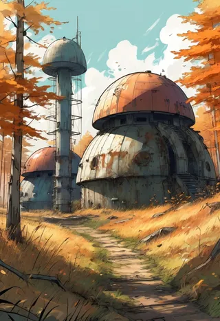 Colored sketch depicting rusty military dome-shaped defensive structures in an autumn forest with tall grass under a sunny sky in anime style.