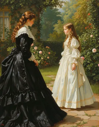 Oil painting of a woman and young girl in Victorian corseted, hooped, and bustled dresses conversing in an English garden with detailed foliage and soft Rembrandt lighting.