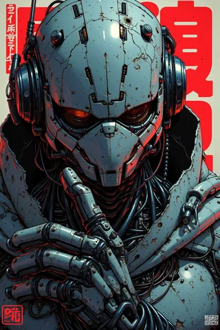 Close-up portrait of a battle-worn robotic soldier with cracked metal armor and glowing red eyes, rendered in Japanese manga style with detailed mechanical features.