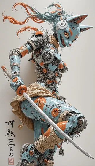 Detailed illustration of a robotic cat warrior with orange hair, ginger eyes, holding a katana, featuring mechanical armor and intricate cybernetic details.