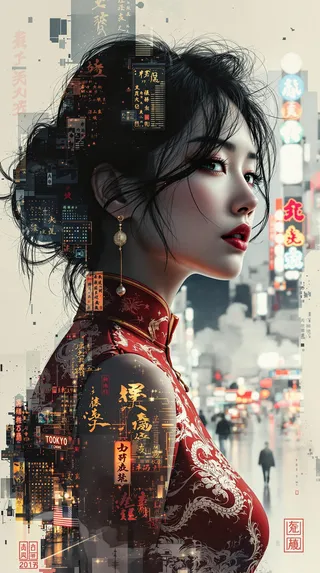 Photorealistic side profile of an Oriental woman wearing a vibrant red cheongsam with dragon embroidery, blending into a night urban scene of Tokyo-style Chinatown with glowing kanji signs and wet streets.
