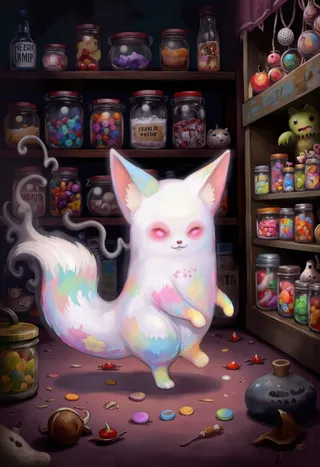 A tiny ghost fox with translucent, candy-colored fur and glowing pink eyes prances in a shadowy haunted candy shop filled with jars of colorful sweets.