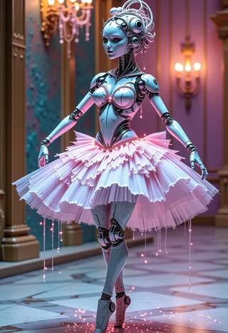 A robotic ballerina with chrome-plated joints and pastel-pink servo motors twirling elegantly in a crystal theater illuminated by bioluminescent chandeliers wearing a shimmering nanothread tutu trailing stardust.