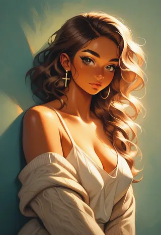 Portrait of a middle-aged Latina woman with caramel wavy hair, soft makeup, wearing a cream knit cardigan and camisole, illuminated by warm golden hour light.