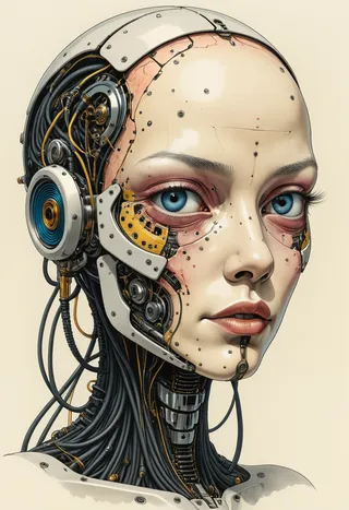 A highly detailed humanoid face with one side peeled back revealing intricate cybernetic implants, blue eyes, eyelid speculum, and mechanical wires embedded in flesh, ink-and-color style.