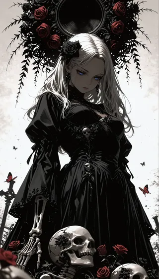 A gothic girl with long blonde hair and blue eyes wearing a black dress adorned with skulls stands solemnly among red roses and skeletons, with butterflies fluttering nearby.