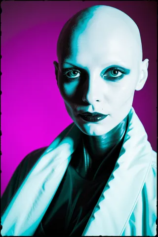 Portrait of a bald female grey alien with white skin and black eyes, wearing technology-infused robes, highlighted with vibrant pastel hues and high contrast lighting.