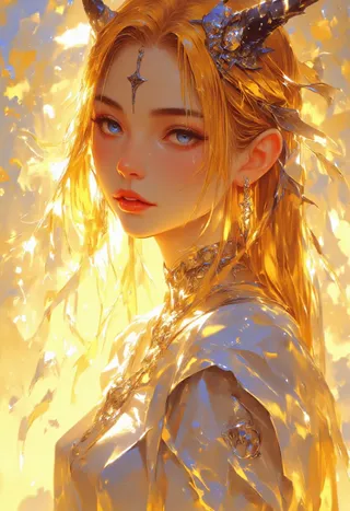 Anime-style portrait of an elven woman with long golden hair, blue eyes, and ornate silver armor glowing in warm golden light.