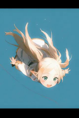 A chibi-style character with long blonde hair is jumping midair against a blue background, smiling happily with arms spread and a red string of fate floating around.