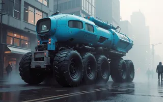 A large blue futuristic off-road transporter with eight big tires and visible diesel engine drives on wet black asphalt in a misty industrial cityscape.