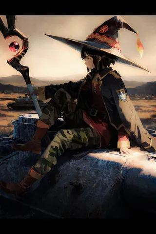 Megumin wearing a military uniform and wizard hat, sitting on a tank outdoors holding a staff, with camouflage pants and boots, looking into the distance.