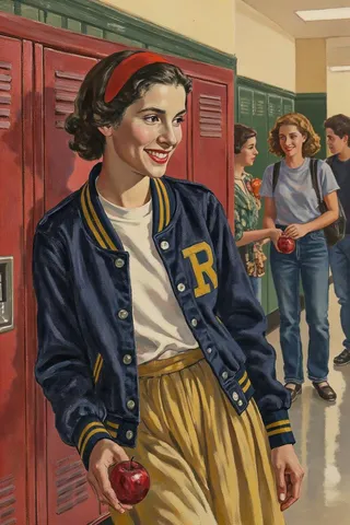 A teenage girl styled like Snow White in a 1980s high school hallway, wearing a navy varsity jacket, yellow pleated skirt, red headband, holding a red apple and smiling.