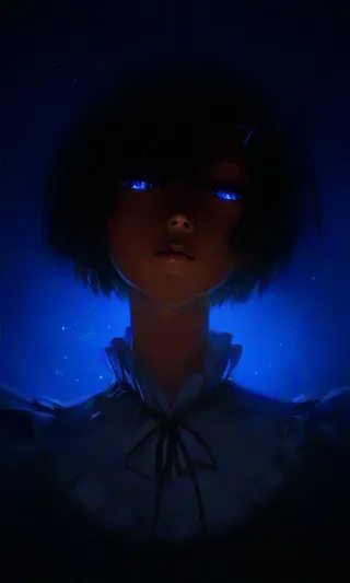 Portrait of a maid with short hair and glowing blue eyes, illuminated by dramatic and cinematic blue lighting against a plain blue background.
