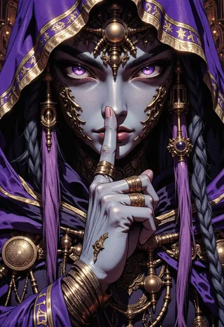 Closeup of a grey-skinned sorceress with glowing purple eyes, adorned in dark wizard robes with occult symbols, gold jewelry, and dreadlocks, holding a finger to her lips in a silent gesture.