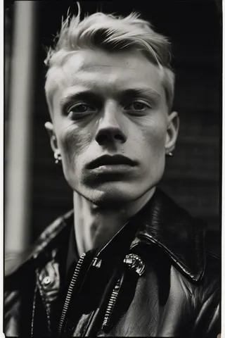 Close-up analog black and white portrait of a man with short blonde hair, angry expression, wearing a leather jacket with a turned-up collar, shot on Rollei Retro 80S film.