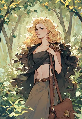Fantasy female character with long blonde wavy hair wearing a black cloak and tube top, carrying a shoulder bag, standing in a sunlit forest background.
