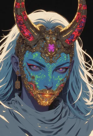 Close-up portrait of a blue-skinned woman with glowing purple eyes wearing an ornate golden filigree mask with large red-patterned horns and flowing white hair.