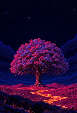 A glowing neon tree in vivid pixel art style with bright magenta and electric cyan foliage under a starry indigo night sky above a surreal glowing landscape.