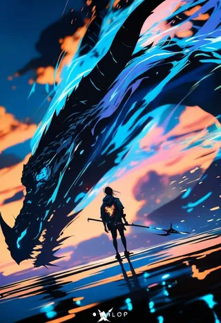 A digital painting of a silhouetted figure holding a weapon facing a large dragon engulfed in dynamic blue and neon flames, set against a vibrant sunset background.