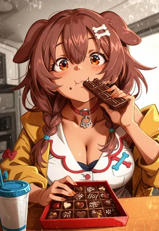 動漫風格的狗女孩戌神ころね，棕色辮子髮型，正在吃巧克力棒，手持一盒綜合巧克力，穿著黃色夾克和帶有骨頭圖案的白色上衣。