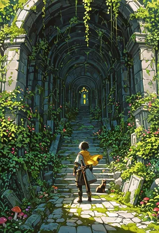 A young adventurer stands at the base of stone stairs inside an ancient, overgrown dungeon, surrounded by vines, mushrooms, and moss, with his dog sitting nearby.