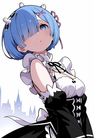Anime-style female character Rem with blue hair and blue eyes wearing a black and white Roswaal mansion maid uniform in a dynamic pose