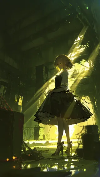 Blonde girl wearing an elegant dress and high heels stands in a dim abandoned warehouse illuminated by green and yellow ambient light with rays and bokeh effects.