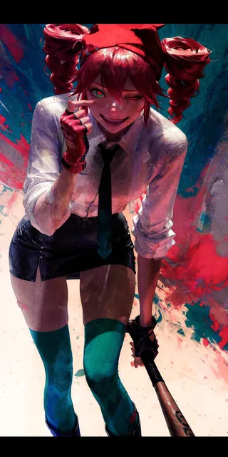 Kasane Teto with red twin-tails, wearing fingerless gloves and aqua thighhighs, holding a baseball bat with a wild smile and heterochromia eyes, against an abstract colorful background.