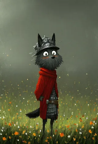 A whimsical anthropomorphic fox dressed as a Roman warrior wearing a red coat and steel helmet standing in a flower field.