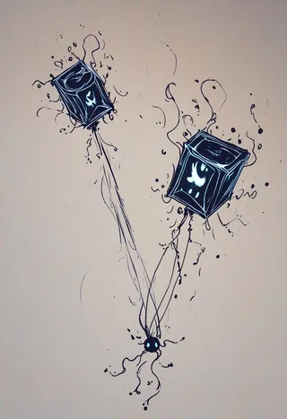 Abstract ink drawing of two floating book-like cubes with glowing eyes, connected by tangled lines to a central glowing orb on a plain background.