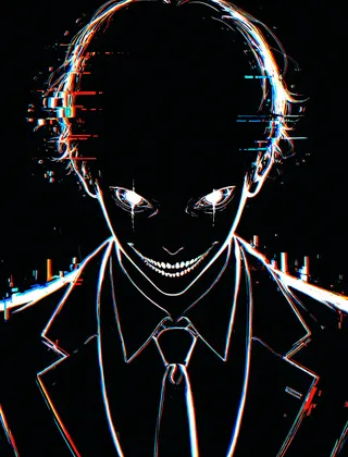 Glitch style black lineart of a boy in a suit with a necktie against a black background, displaying a sinister smile and glowing eyes.