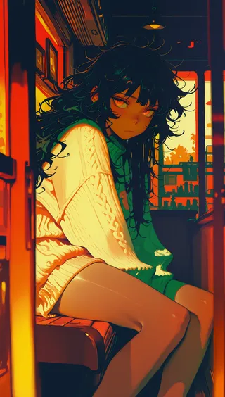 A girl with messy hair and an oversized sweater sits on a bench inside a warmly lit cafe tinted with orange, red, and yellow hues.