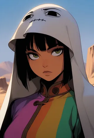 Closeup portrait of a girl with green eyes and black bob haircut wearing a colorful dress and a white hooded cloak with a stitched face design, set outdoors with a desert background.