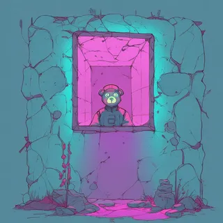 A glowing teddy bear in cyberpunk style framed by a neon-lit stone grotto with pink and teal lighting