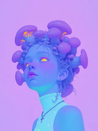 A bioluminescent portrait of a melancholic humanoid figure with a translucent, iridescent complexion glowing in violet and neon hues. The figure is adorned with clusters of fantastical fungi emerging from her head, blending with braided hair and alien flora set against a soft purple background.