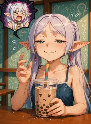 Anime style elf girl with long pale hair, wet clothes, and tears holding a dripping bubble tea cup with a sad face on it in a cafe setting.