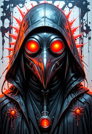 Hooded gothic biomechanical plague doctor wearing a metallic beaked mask with glowing red eyes, surrounded by abstract graffiti splashes and photoreal spray effects.