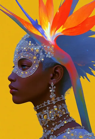 Hyper-realistic close-up portrait of a woman wearing an avant-garde mask with cobalt blue embroidery and neon yellow dots, adorned with an exotic bird of paradise flower against a vivid yellow background.