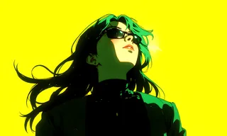 Stylized illustration of a woman with long dark hair wearing sunglasses, illuminated by dramatic green lighting against a vivid yellow background.